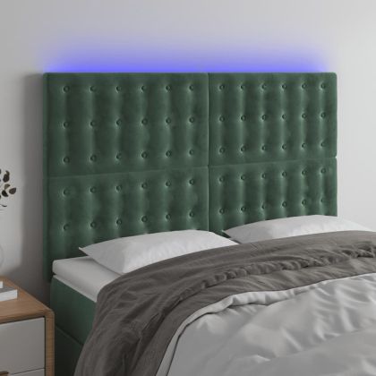 LED горна табла за легло, тъмнозелена, 144x5x118/128 см, кадифе