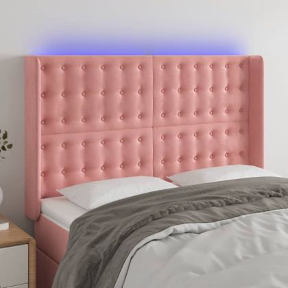 LED горна табла за легло, розова, 147x16x118/128 см, кадифе