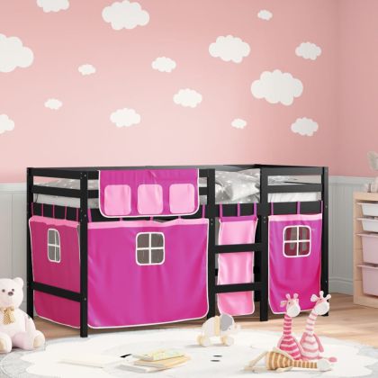 Детско високо легло със завеси розово 90x200 см бор масив