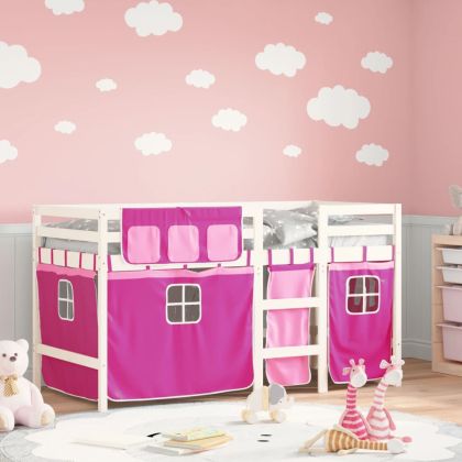 Детско високо легло със завеси розово 90x190 см бор масив