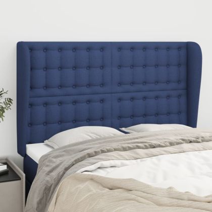 Горна табла за легло с уши, синя, 147 x 23 x 118/128 см, плат