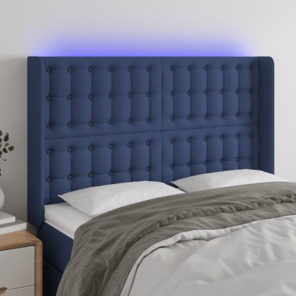 LED горна табла за легло, синя, 147x16x118/128 см, плат