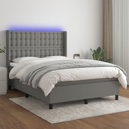 Боксспринг легло с матрак и LED, тъмносиво, 140x190 см, плат