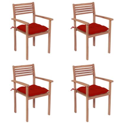 Градински столове, 4 бр, червени възглавници, тик масив