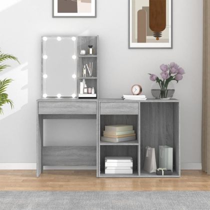 LED тоалетка с шкаф, сив сонома, инженерно дърво