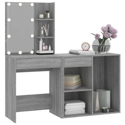 LED тоалетка с шкаф, сив сонома, инженерно дърво