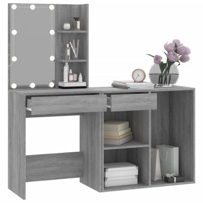 LED тоалетка с шкаф, сив сонома, инженерно дърво