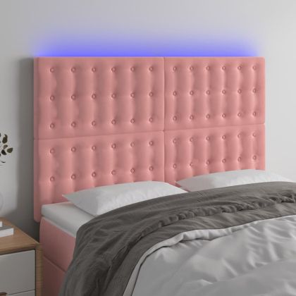 LED горна табла за легло, розова, 144x5x118/128 см, кадифе