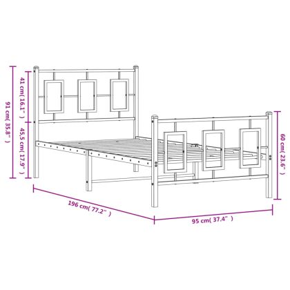 Метална рамка за легло с горна и долна табла, черна, 90x190 см