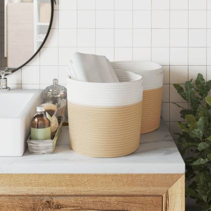 Кош за съхранение, 2 бр, бежово и бяло, Ø28x28 см, памук