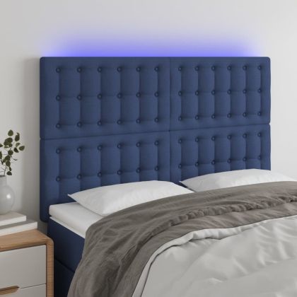 LED горна табла за легло, синя, 144x5x118/128 см, плат