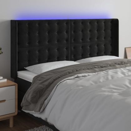 LED горна табла за легло, черна, 163x16x118/128 см, кадифе