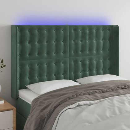 LED горна табла за легло, тъмнозелена, 147x16x118/128см, кадифе