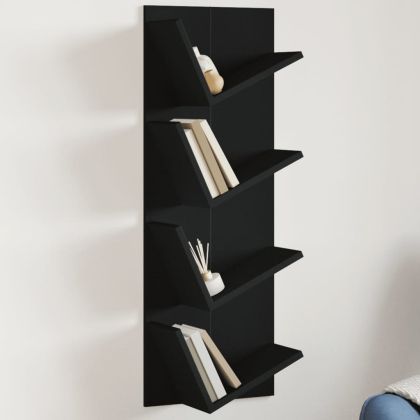 Стенен рафт за книги, 4 нива, черен, 33x16x90 см