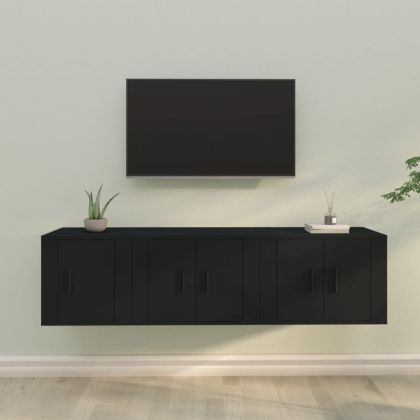 Комплект ТВ шкафове от 3 части, черен, инженерно дърво