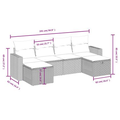 Градински комплект с възглавници, 6 части, кафяв, полиратан