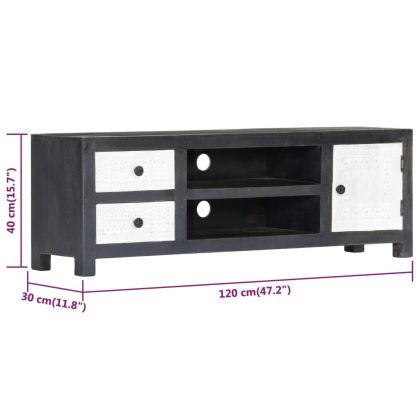 Ръчно резбован ТВ шкаф, сиво и бяло, 120x30x40 см, манго масив