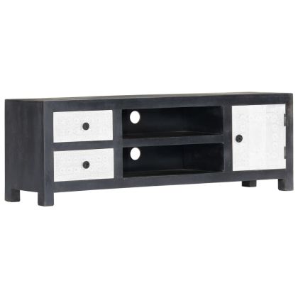 Ръчно резбован ТВ шкаф, сиво и бяло, 120x30x40 см, манго масив