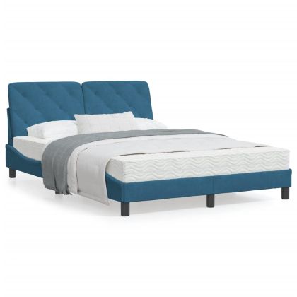 Рамка за легло с LED осветление, синя, 140x190 см, кадифе