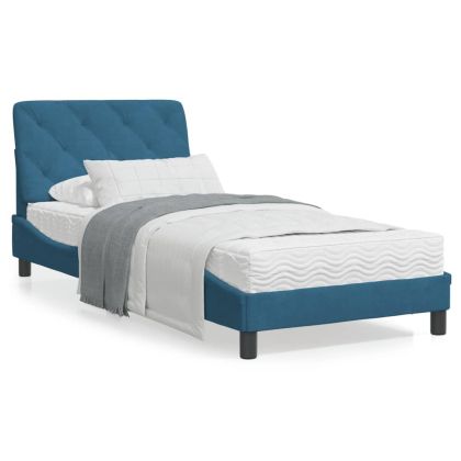 Рамка за легло с LED осветление, синя, 90x200 см, кадифе