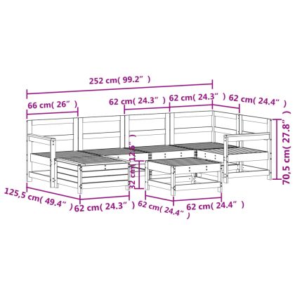 Градински комплект диван от 7 части, бял, масивно дърво бор