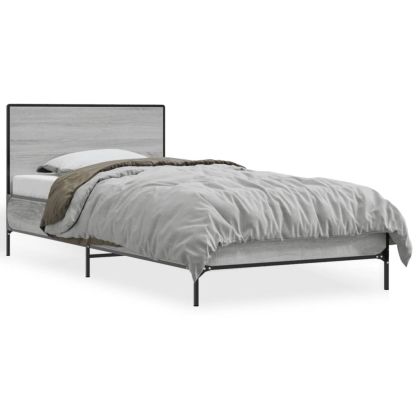 Рамка за легло, сив сонома, 100x200 см, инженерно дърво и метал