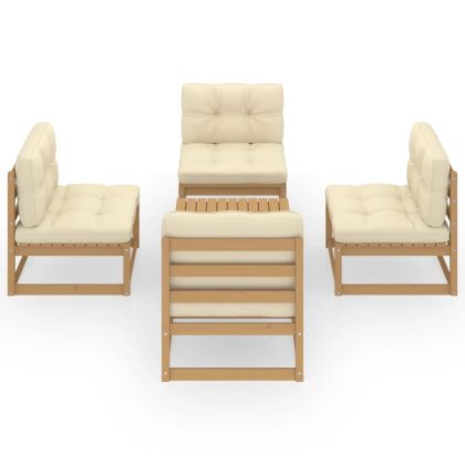 Градински лаундж комплект, 5 части, с възглавници, бор масив