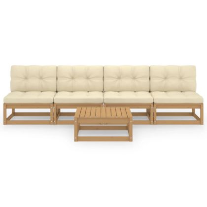 Градински лаундж комплект, 5 части, с възглавници, бор масив