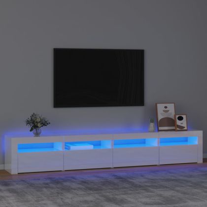 ТВ шкаф с LED осветление, бял гланц, 240x35x40 см