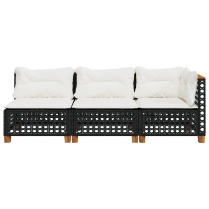 Градински диван с възглавници, 3-местен, черен, полиратан