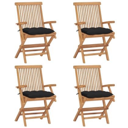 Градински столове с черни възглавници 4 бр тиково дърво масив