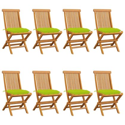 Градински столове със светлозелени възглавници 8 бр тик масив