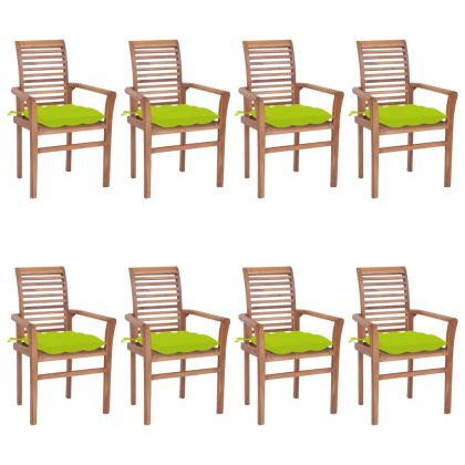 Трапезни столове, 8 бр, със яркозелени възглавници, тик масив