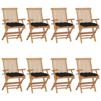 Градински столове с черни възглавници 8 бр тик масив