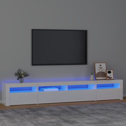 ТВ шкаф с LED осветление, бял гланц, 240x35x40 см