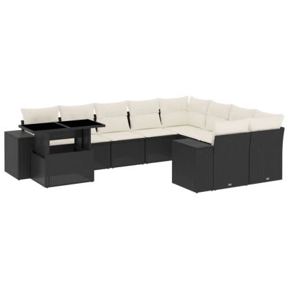 Градински комплект диван с възглавници 10 части черен полиратан