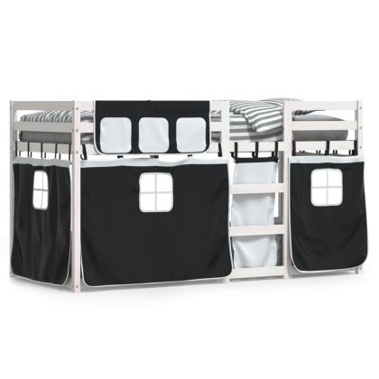 Двуетажно легло със завеси, бяло и черно, 80x200 см, бор масив