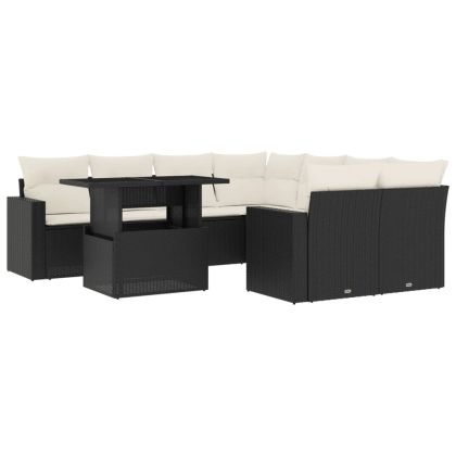 Градински комплект диван с възглавници 9 части черен полиратан