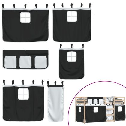 Двуетажно легло със завеси, бяло и черно, 75x190 см, бор масив