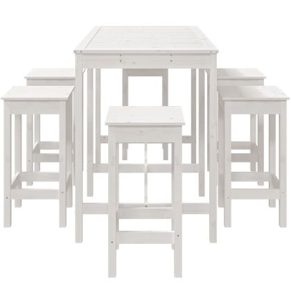 Градински бар комплект от 7 части, бял, масивно дърво бор