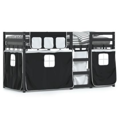 Двуетажно легло със завеси, бяло и черно, 80x200 см, бор масив