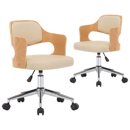 Въртящи столове, 2 бр, кремави, извито дърво и изкуствена кожа