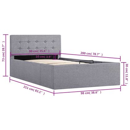 Легло с повдигащ механизъм, светлосиво, текстил, 90x200 см