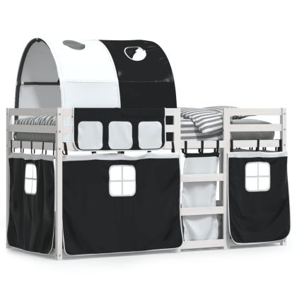 Двуетажно легло със завеси, бяло и черно, 75x190 см, бор масив