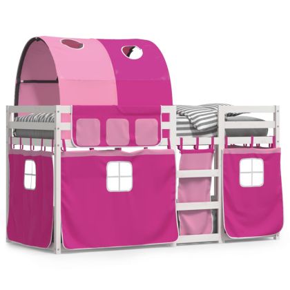 Двуетажно легло със завеси розово 90x200 см масивен бор масив