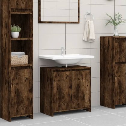 Шкаф за баня, опушен дъб, 60x33x61 см, инженерно дърво