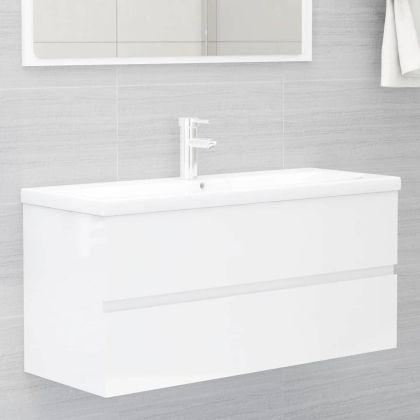 Шкаф за баня с вградена мивка, бял гланц, ПДЧ