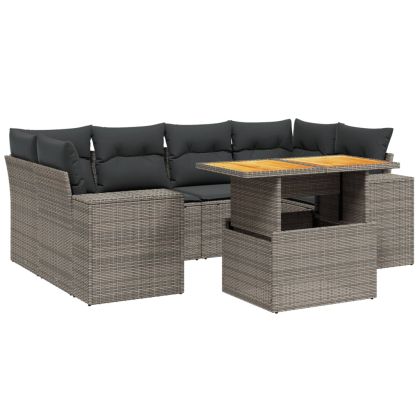 Градински диван с възглавници, 7 части, полиратан, сив