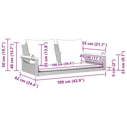 Пейка-люлка с възглавници, сива, 109x62x40 см, полиратан