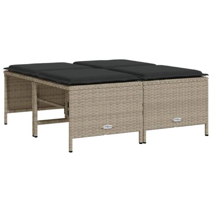 Градински табуретки с възглавници, 4 бр, светлосиви, полиратан